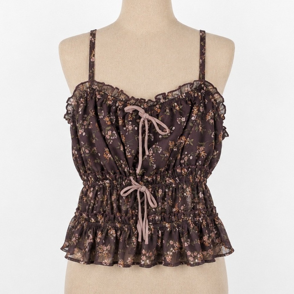 Y2K Floral Ruffle Babydoll Cami Tank Size L Brown Bow Tiered Fairy Grunge Hippie